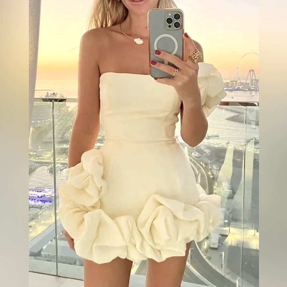 Elegant Off Shoulder Flounce Bottom Mini Dress in Ivory